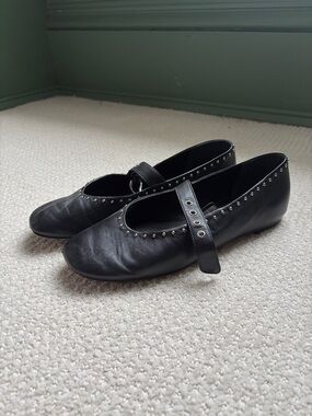 Reformation black leather strap flats